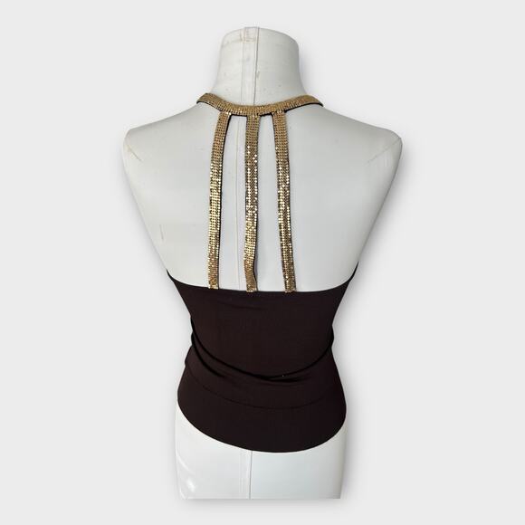 Vintage Y2K bebe Halter Top & Cardigan Set with Gold Chain Trim Brown Sz S/M - Picture 10 of 16